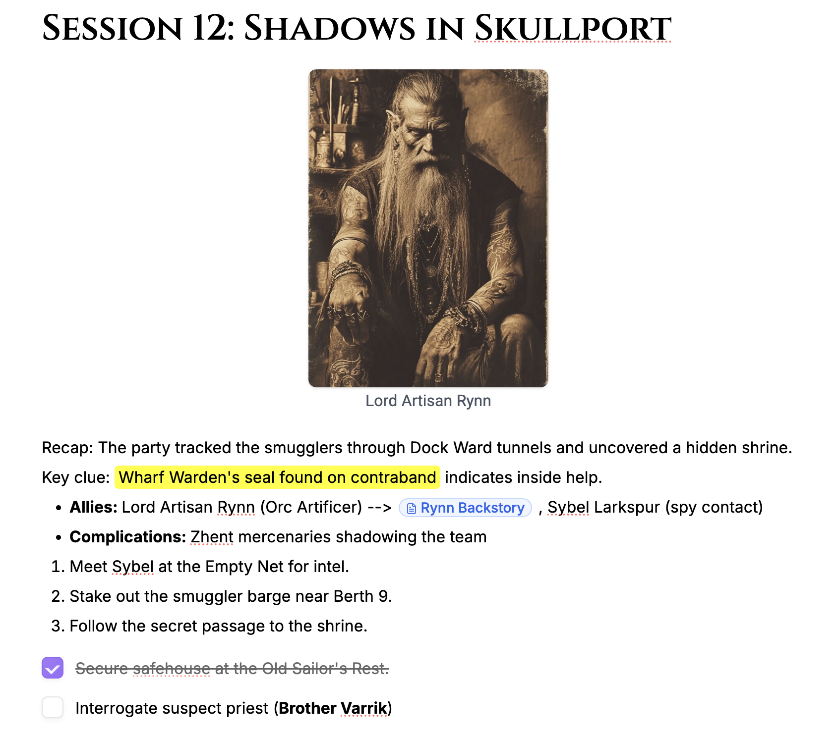 Archivist Editor showing Session 12: Shadows in Skullport with character portrait, session notes, wiki links, and task management